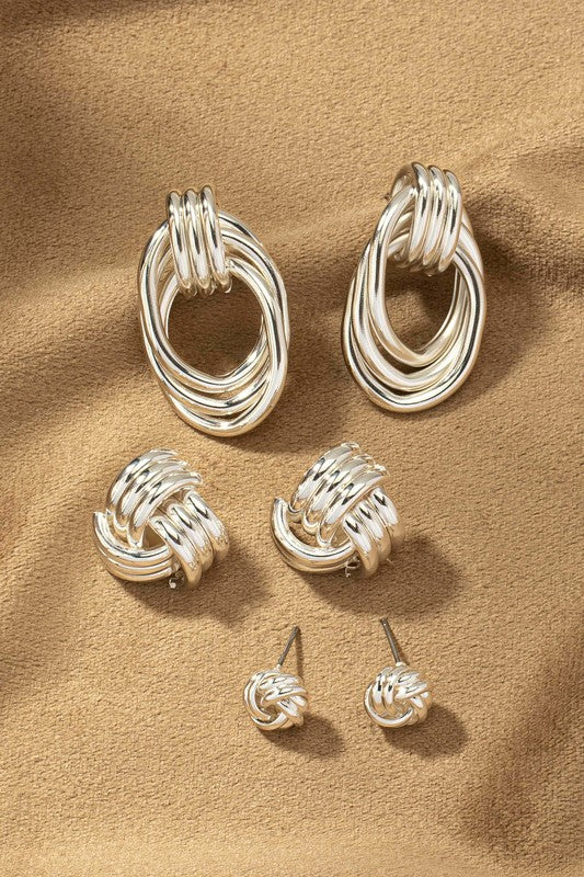 Premium Trio Metal Knot and Hoop Earrings Set